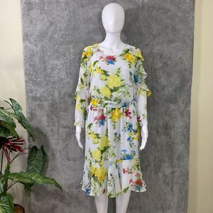 Calvin Klein Floral ruffled Belted Midi dress sheer sleeves women‘s L lined.